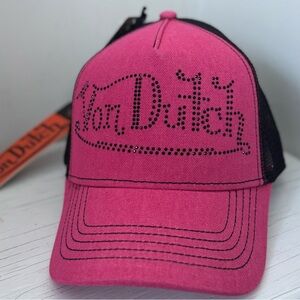 NWT Von Dutch Rhinestone Trucker - Dark Pink with Black Rhinestones Adjustable